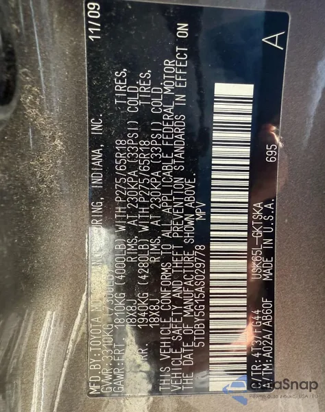 2010 Toyota Sequoia Sr5 z USA, uszkodzony, nr VIN 5TDBY5G15AS029778